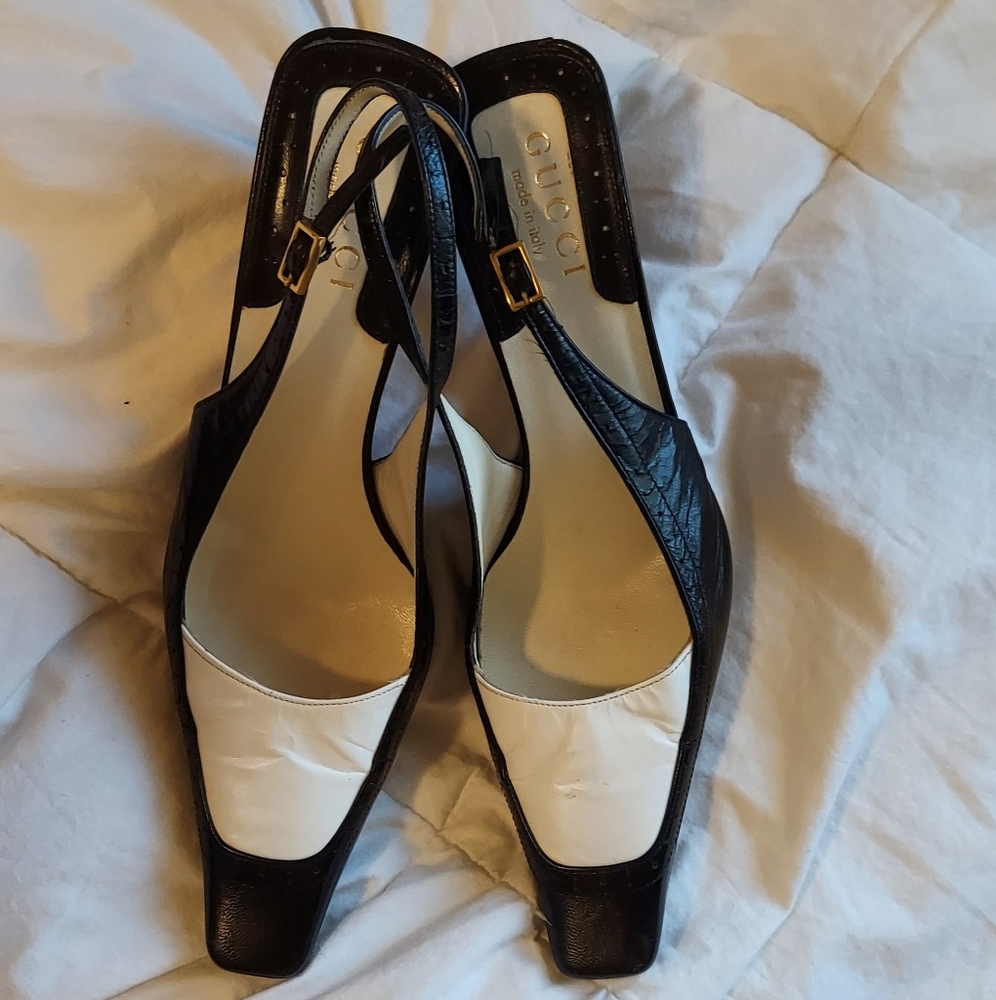 Authentic Gucci Black/White Perforated Leather Slingback Sandals!